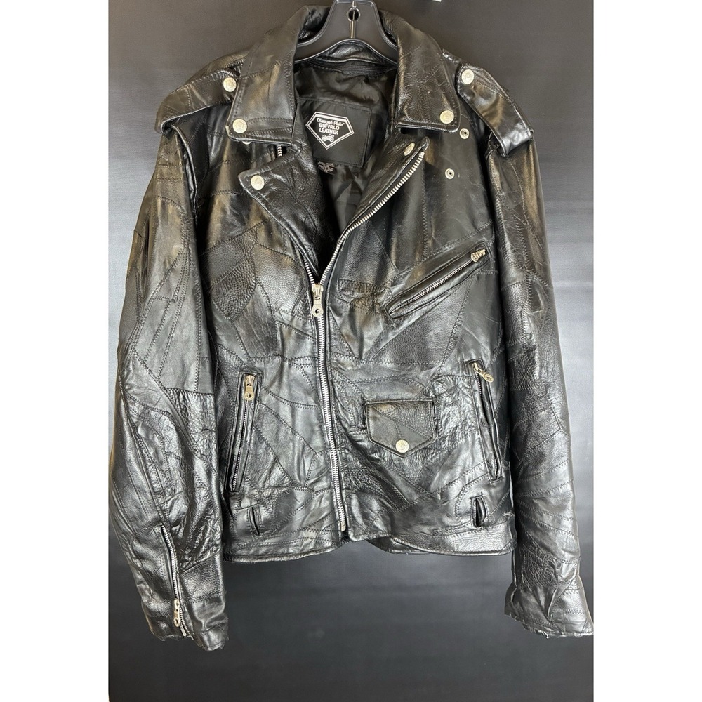 Men's Diamond Plate Buffalo Leather Motorcycle Jacket Size XL Black